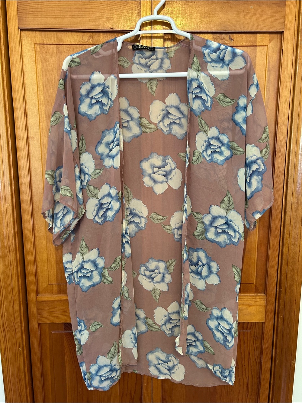 Dusty Rose and Blue Floral Sheer Kimono Cardigan Open Front EUC